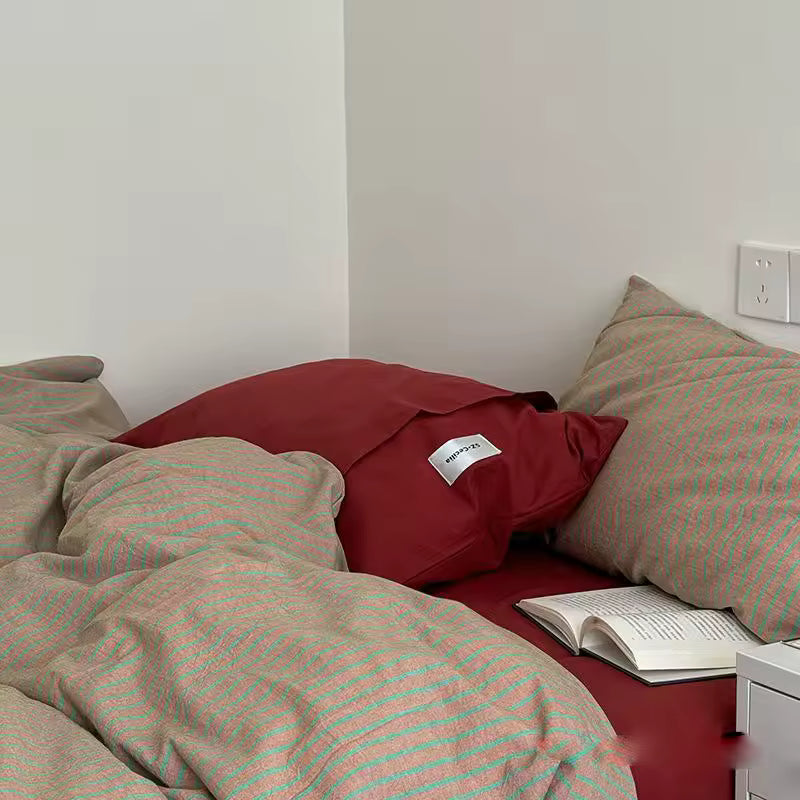 Red & Beige Striped Cotton Bedding Set