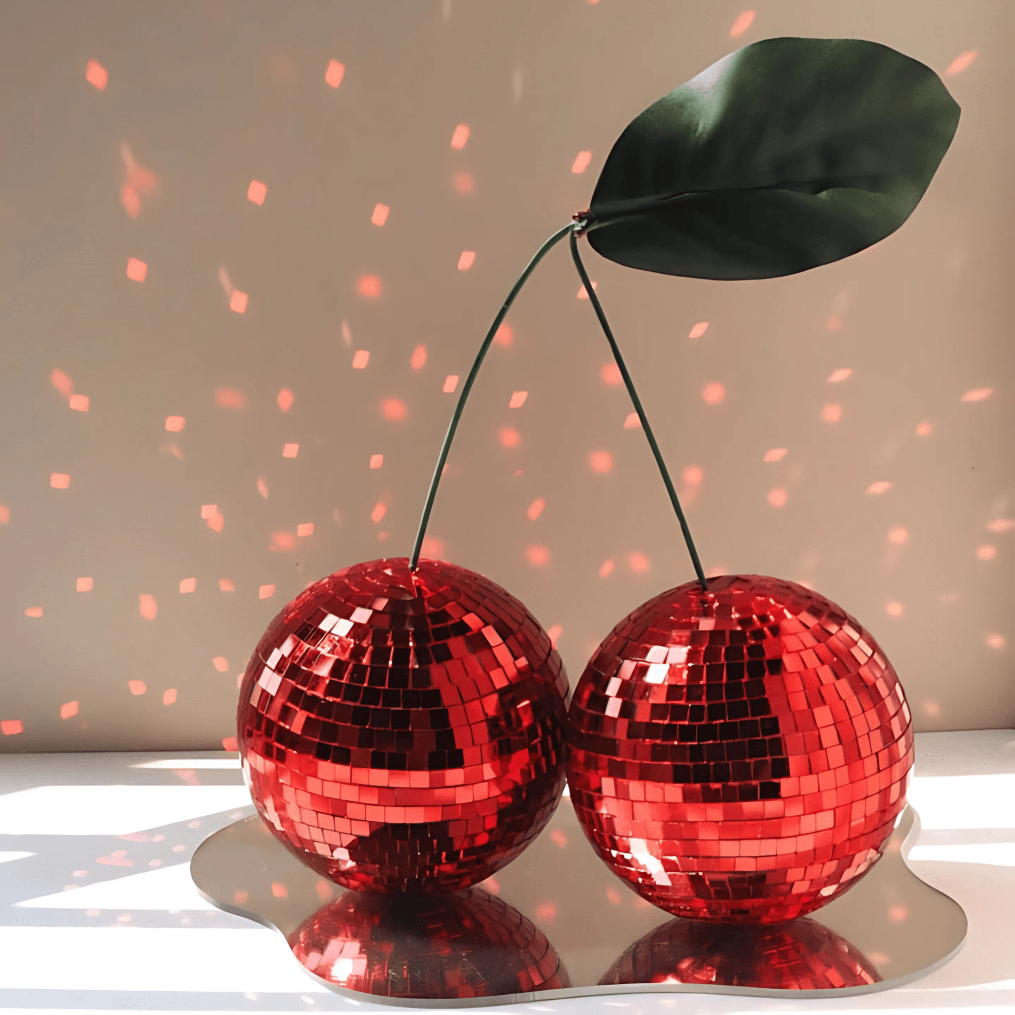 Red Cherry Disco Ball Mirror Decor