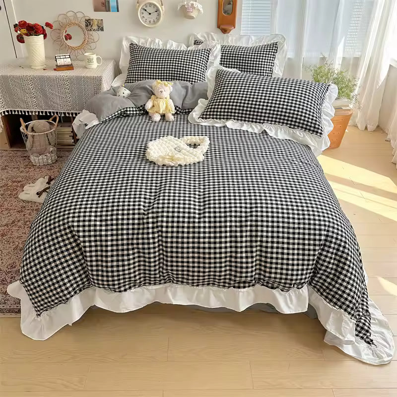 Red Gingham Plaid Duvet Cover Set Black
