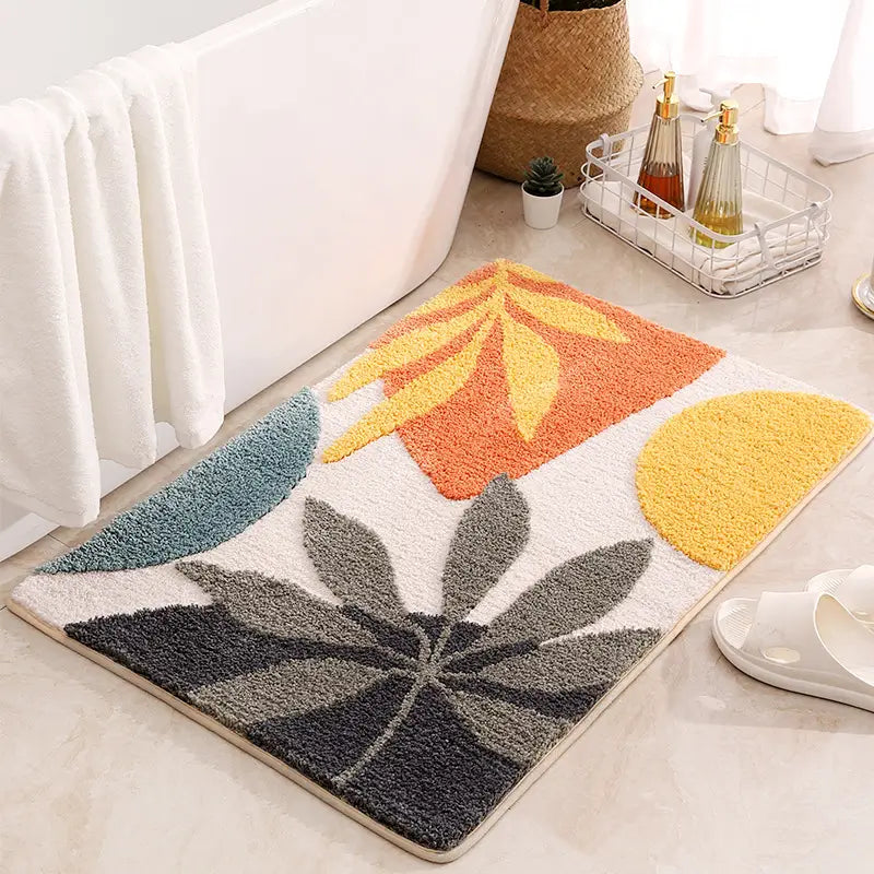 Skorda Nordic Flocked Bath Mat Retro Blossom Geometry