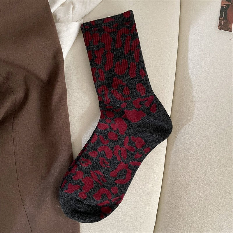 Women's Leopard Print Crew Socks Charcoal Red One Size (Women)