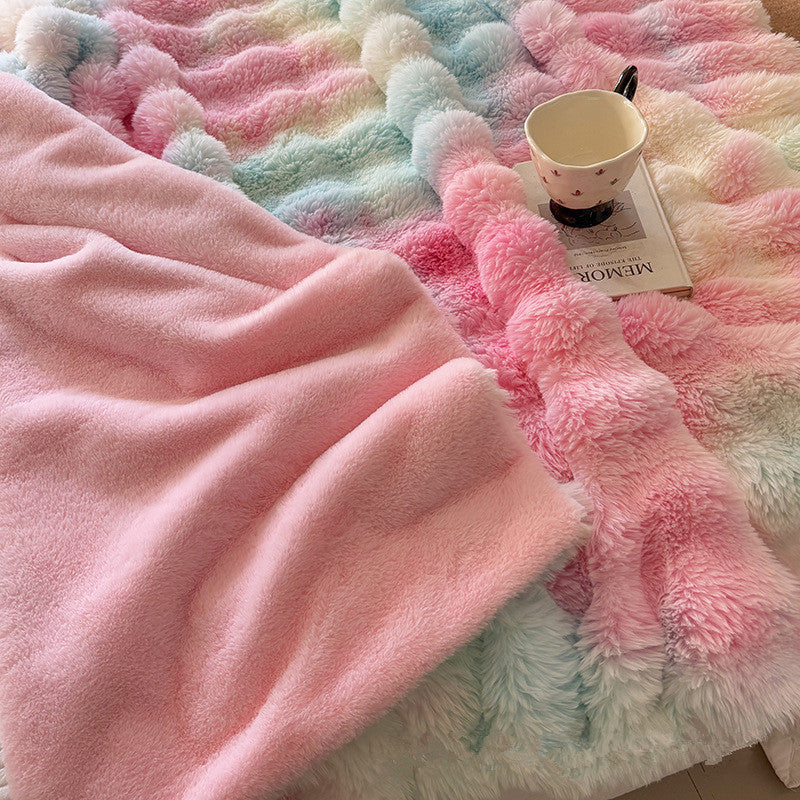 Luxury Faux Rabbit Fur Throw Blanket – Fluffy & Reversible Rainbow
