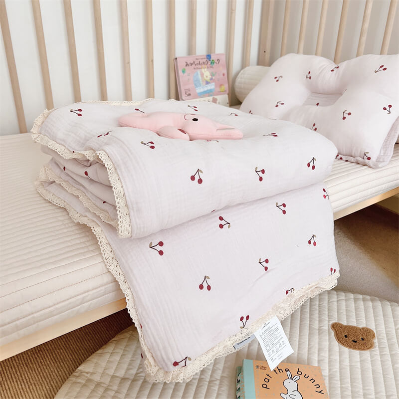 Cherry Baby Quilt – Cotton Muslin with Lace Trim