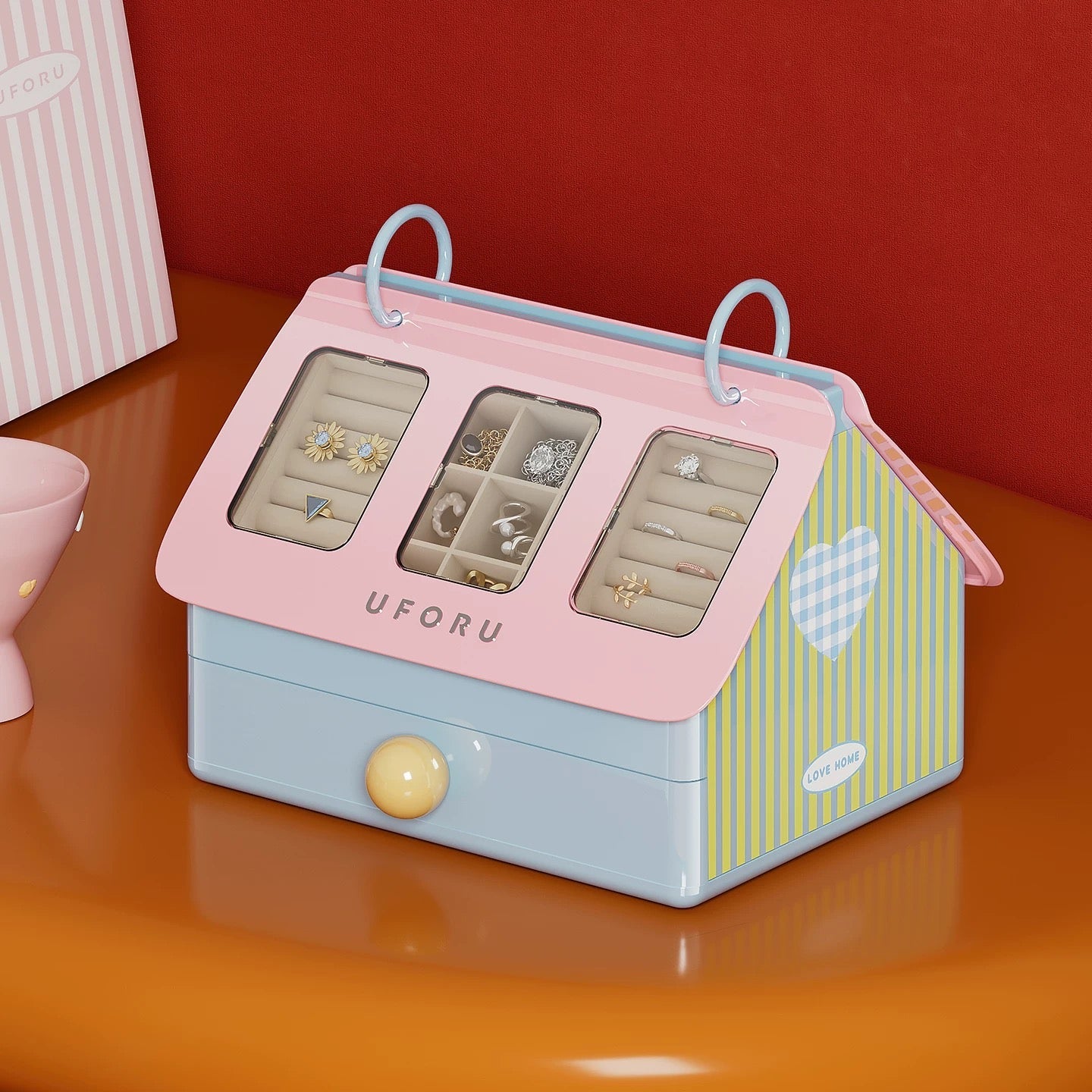 House-Shaped Jewelry Organizer Pink-Blue