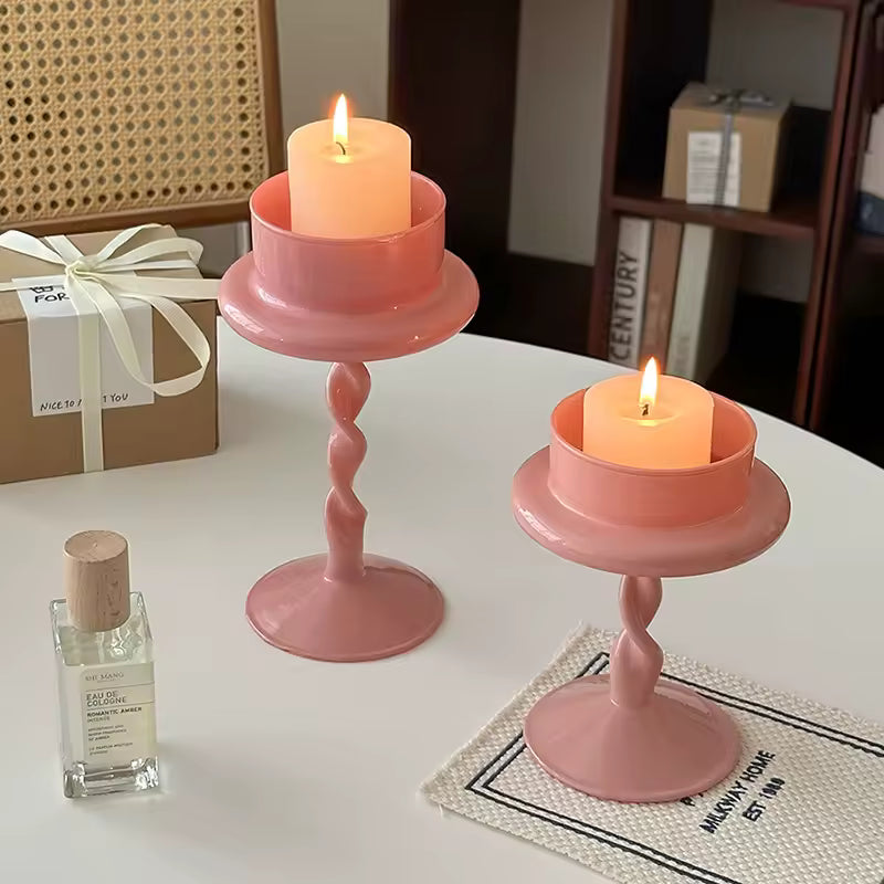 Pink Twisted Glass Candle Holder Set 2 pcs (short + tall)