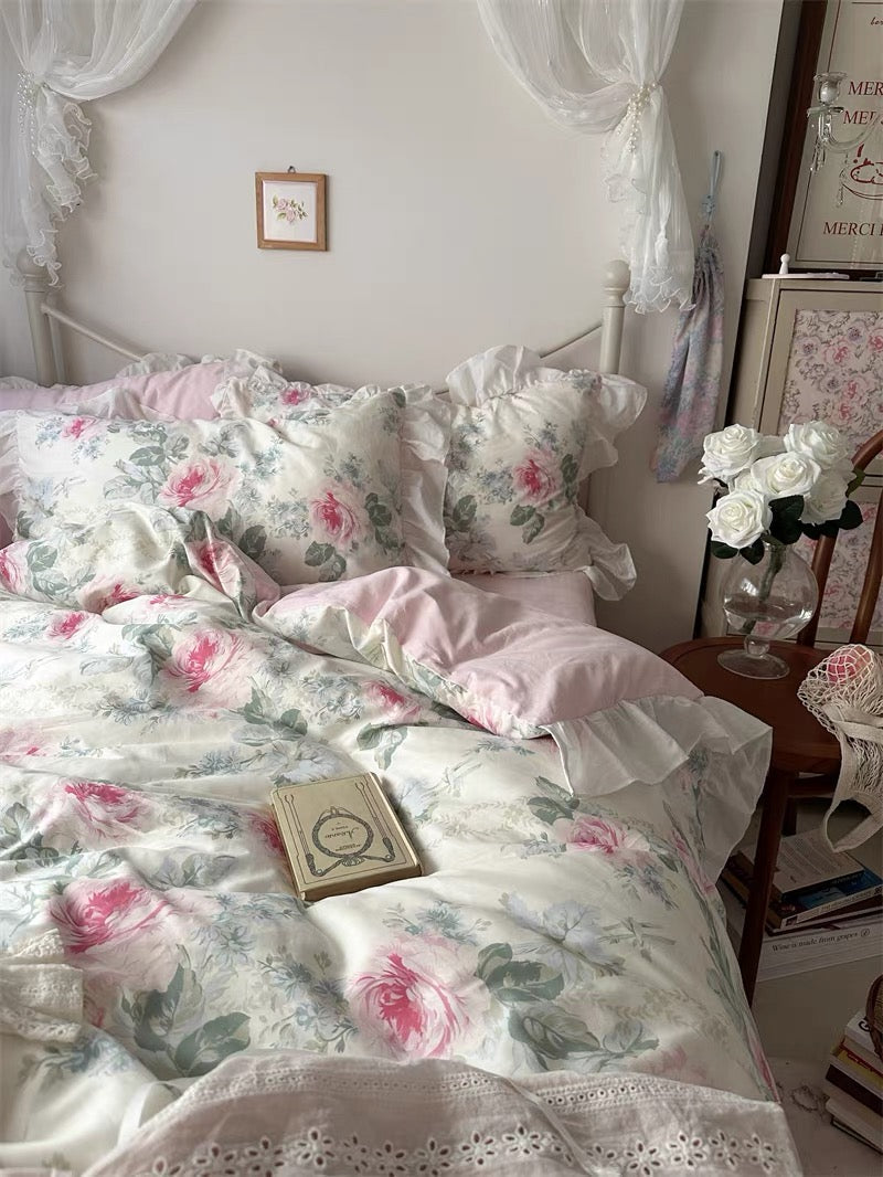 Pink Floral Ruffle Cotton Bedding Set