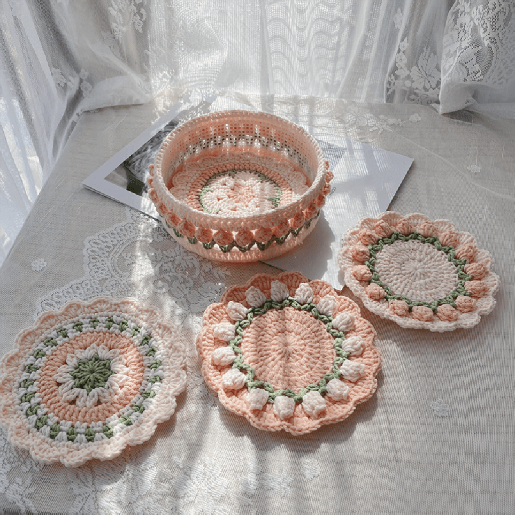 Rose Collection - Handmade Crochet Storage Basket -  Coral Pink