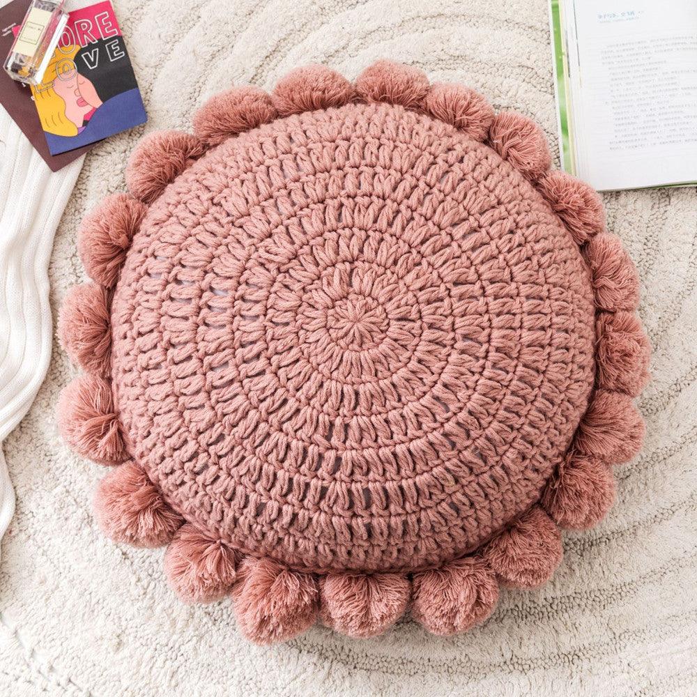 Knitted Round Pompom Pillow Dusty Pink
