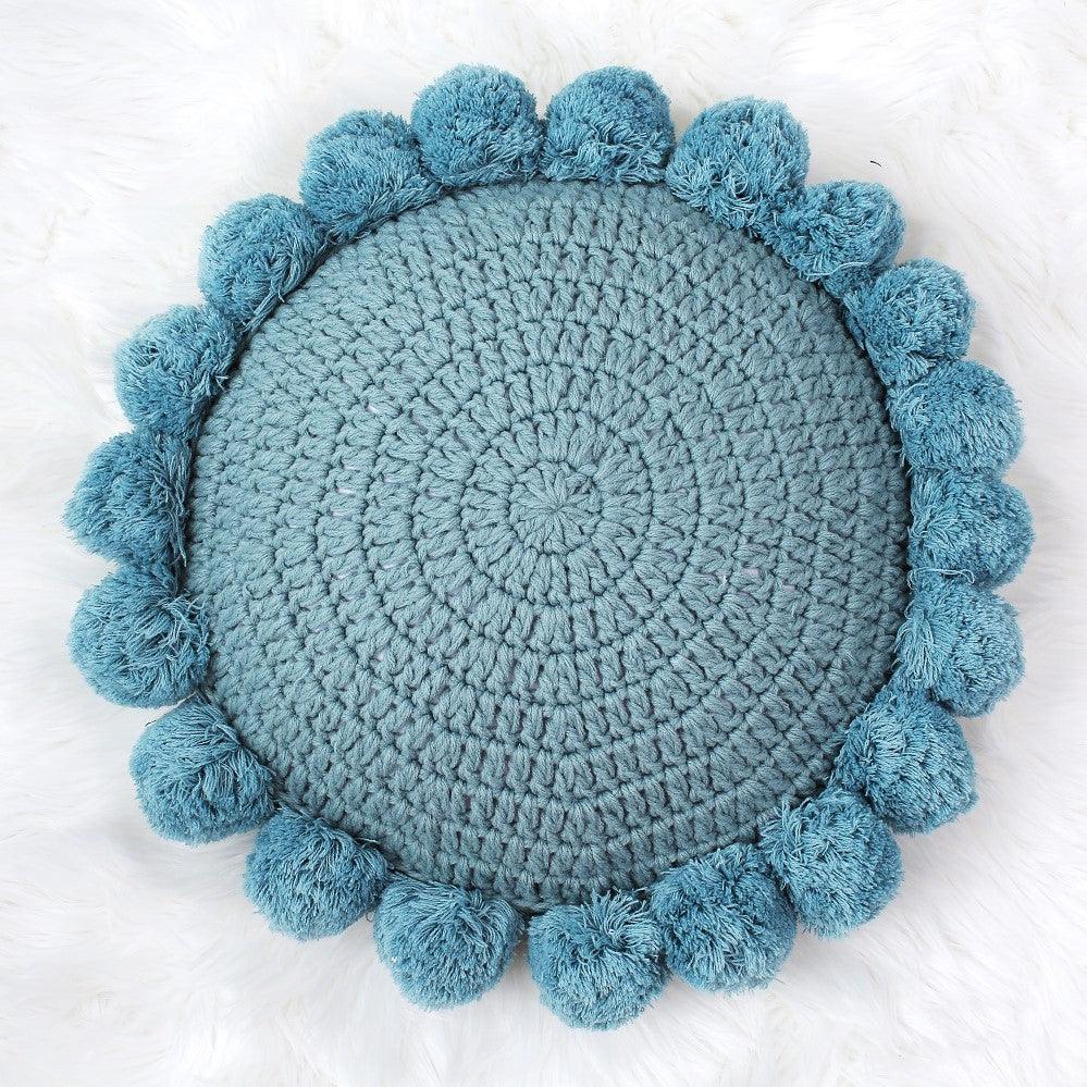 Knitted Round Pompom Pillow Green