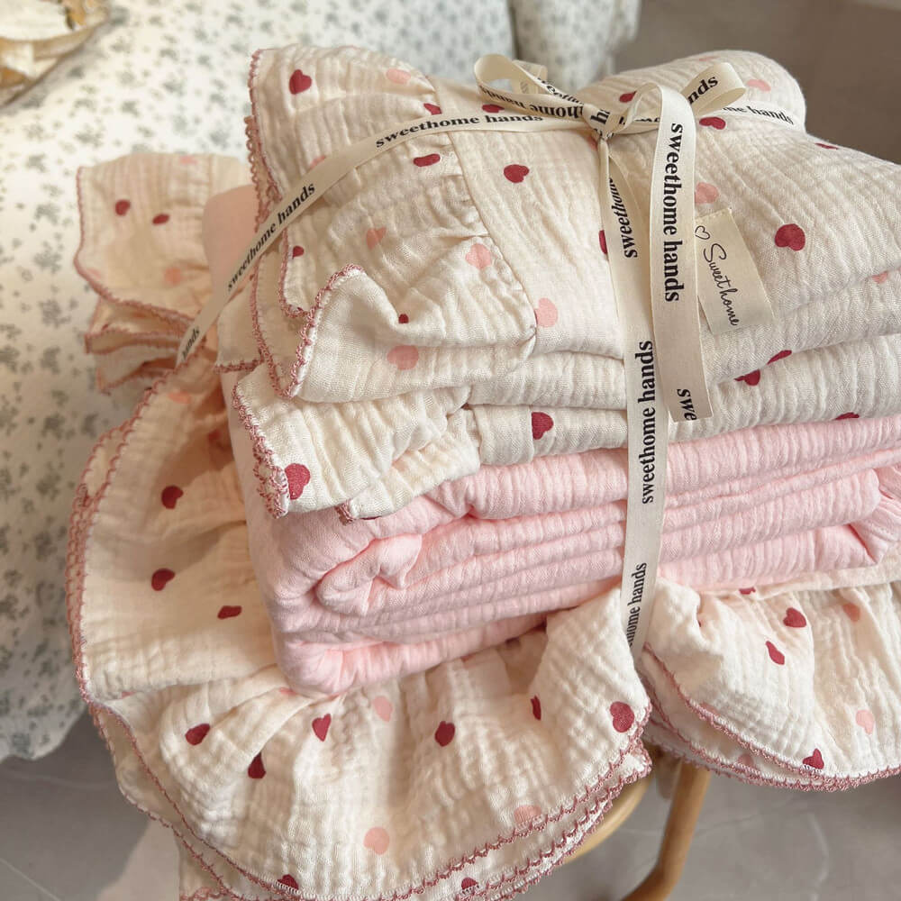 Pink Heart Duvet Cover Set – Ruffled Cotton Muslin