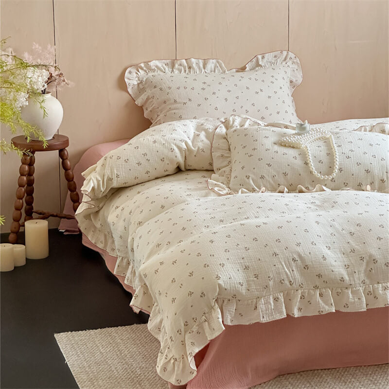 Small Pink Floral Duvet Cover Set - Cotton Muslin