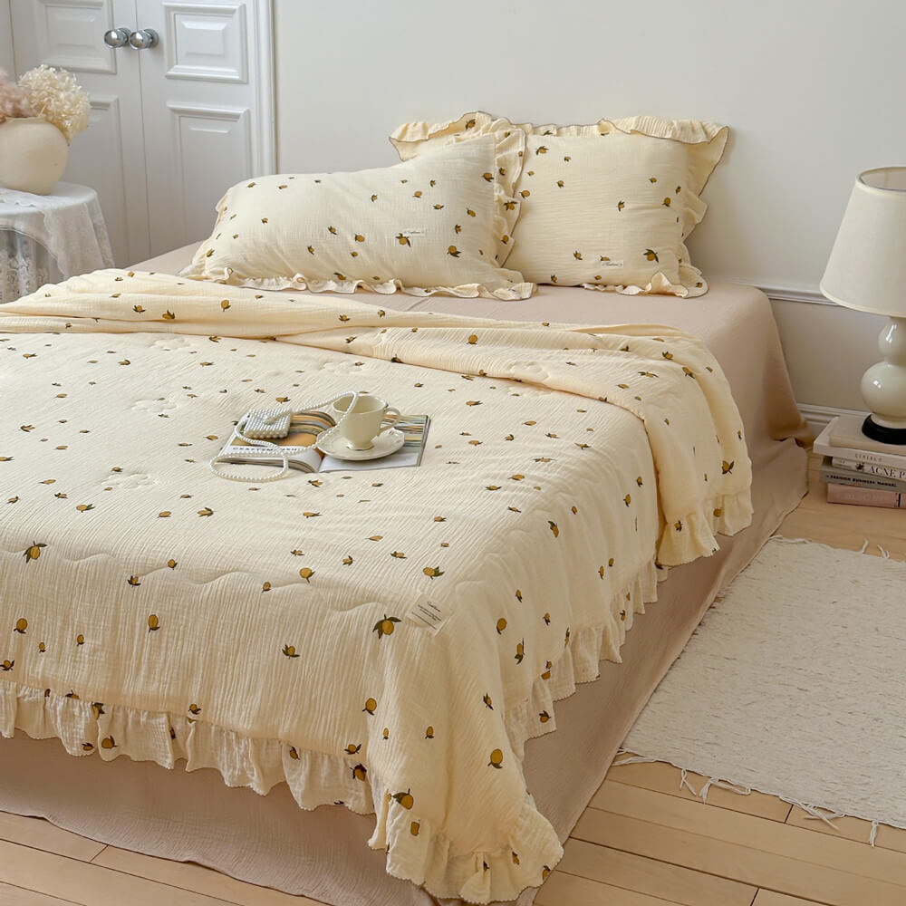 Lemon Print Muslin Quilt – Ruffle Edge Cotton Bedding
