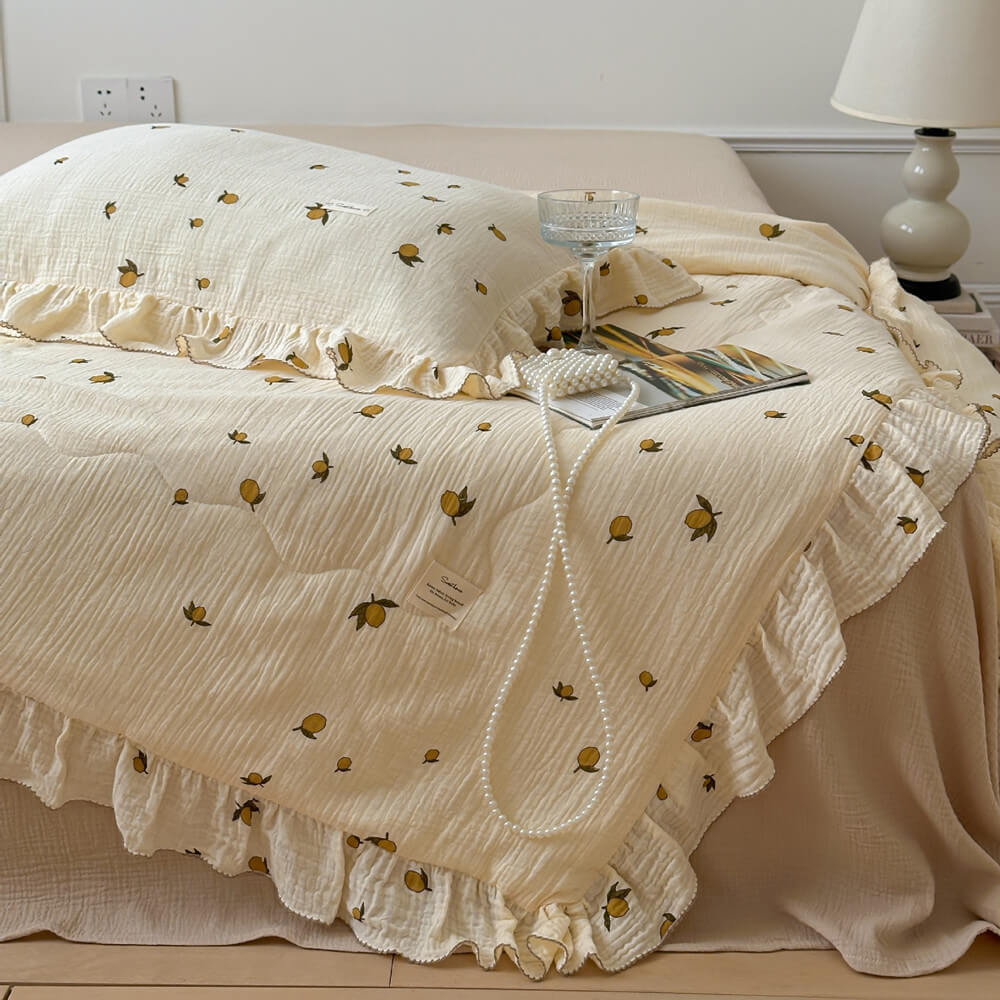 Lemon Print Muslin Quilt – Ruffle Edge Cotton Bedding