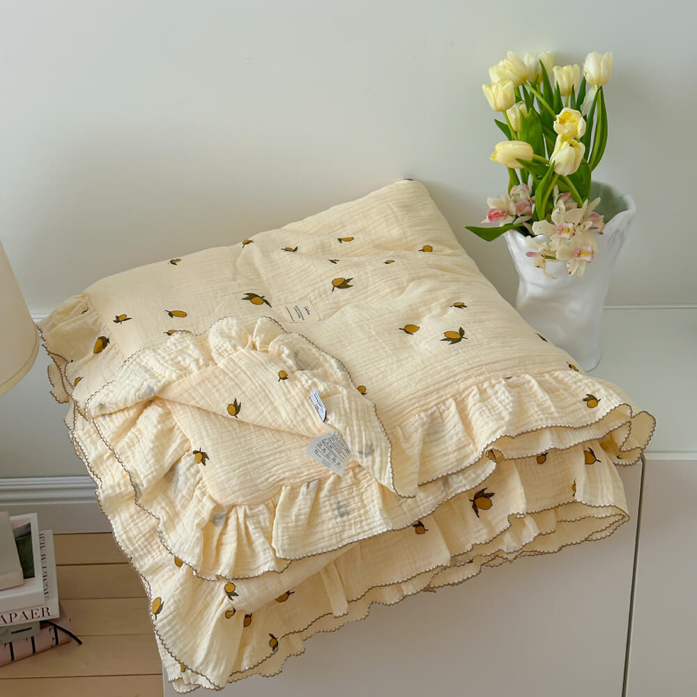 Lemon Print Muslin Quilt – Ruffle Edge Cotton Bedding