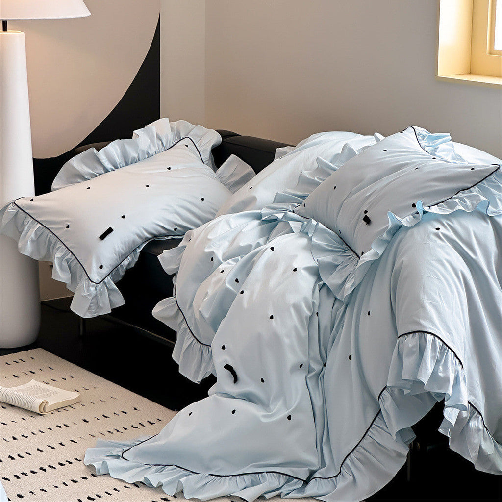 Ruffled Bedding Set with Heart Embroidery – 100s Cotton