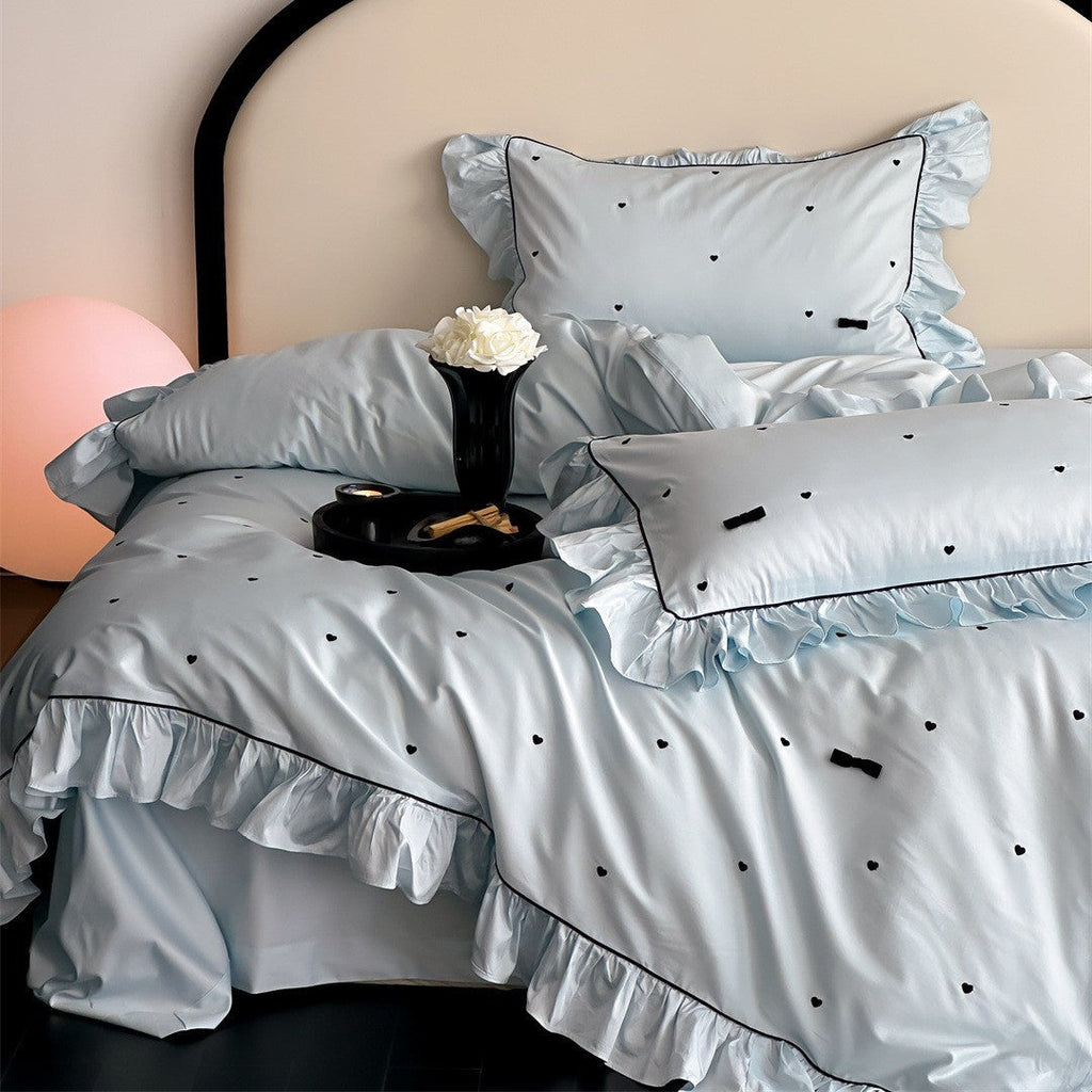Ruffled Bedding Set with Heart Embroidery – 100s Cotton