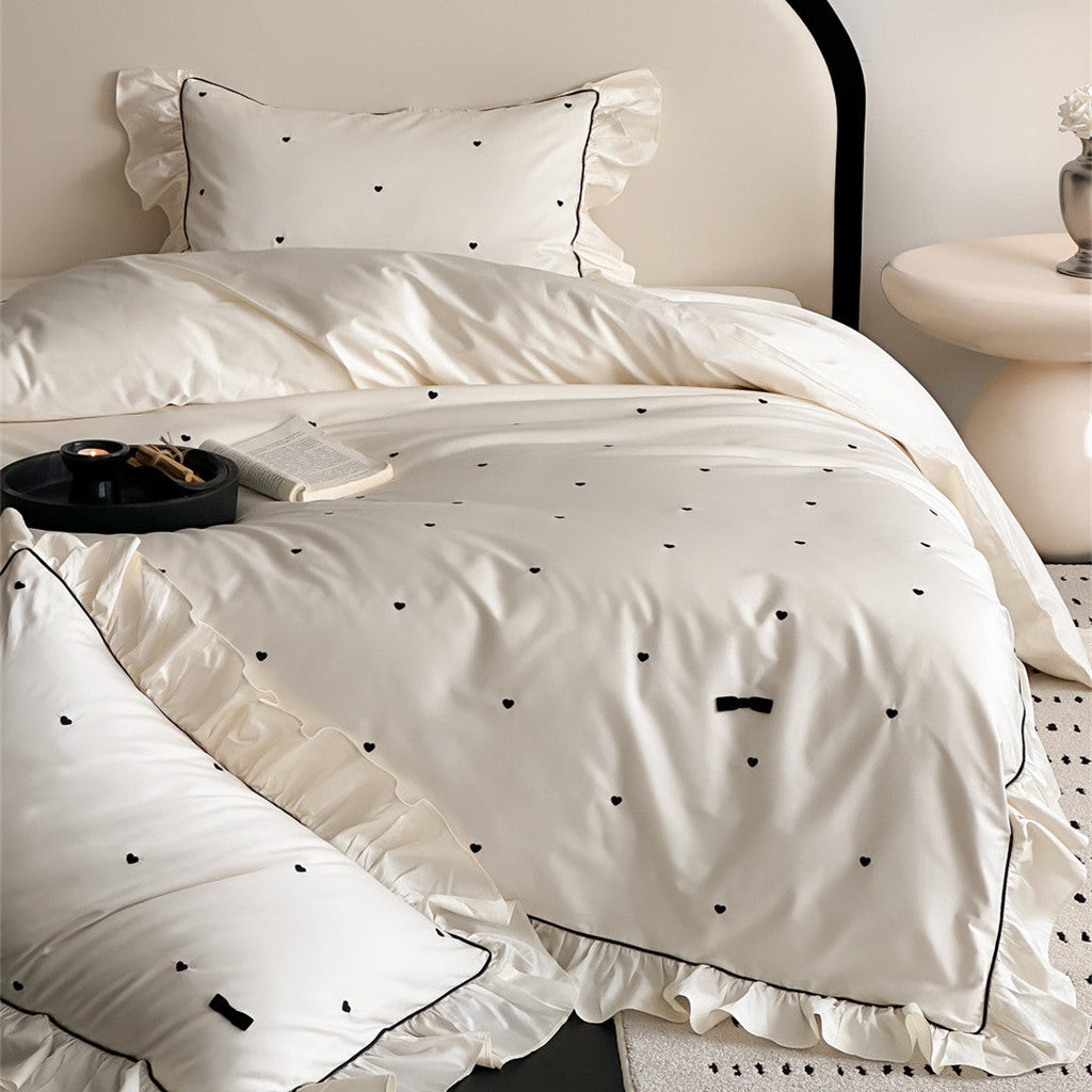 Ruffled Bedding Set with Heart Embroidery – 100s Cotton
