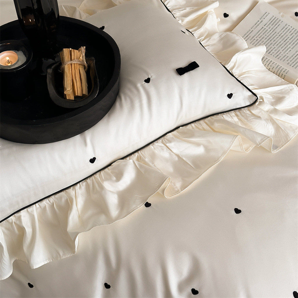 Ruffled Bedding Set with Heart Embroidery – 100s Cotton