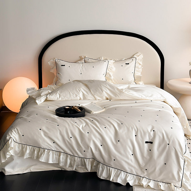 Ruffled Bedding Set with Heart Embroidery – 100s Cotton