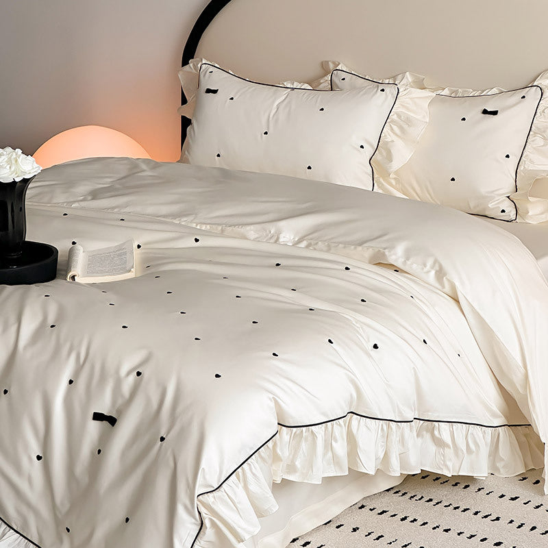 Ruffled Bedding Set with Heart Embroidery – 100s Cotton