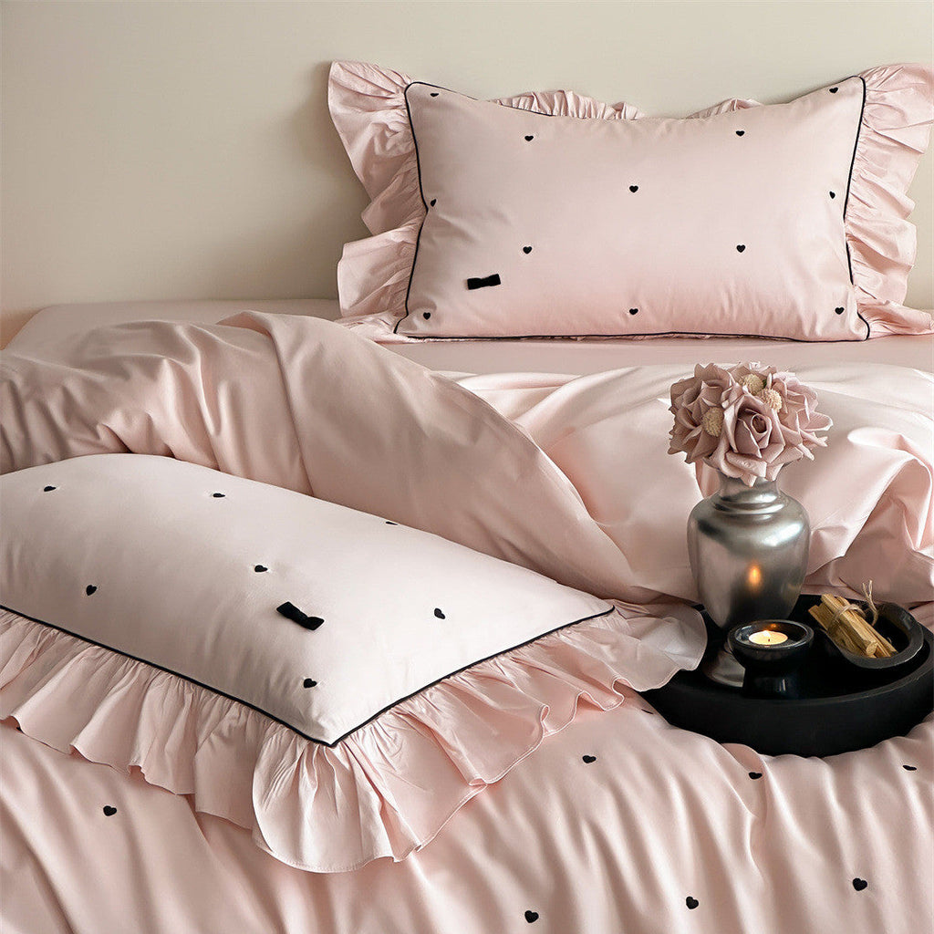 Ruffled Bedding Set with Heart Embroidery – 100s Cotton