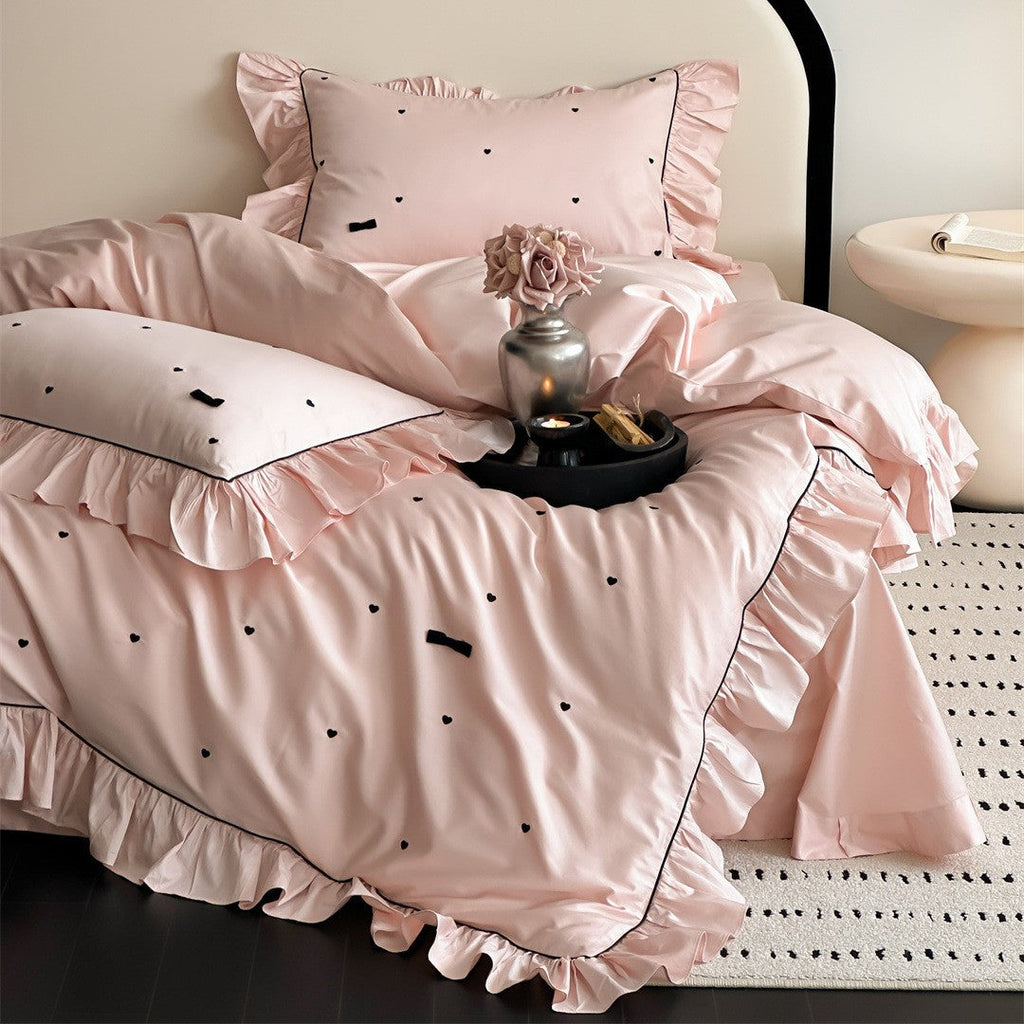 Ruffled Bedding Set with Heart Embroidery – 100s Cotton