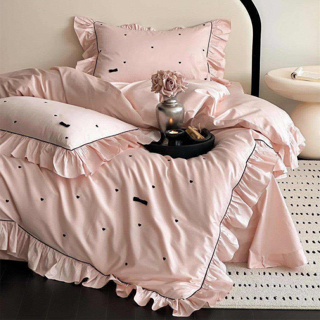 Ruffled Bedding Set with Heart Embroidery – 100s Cotton