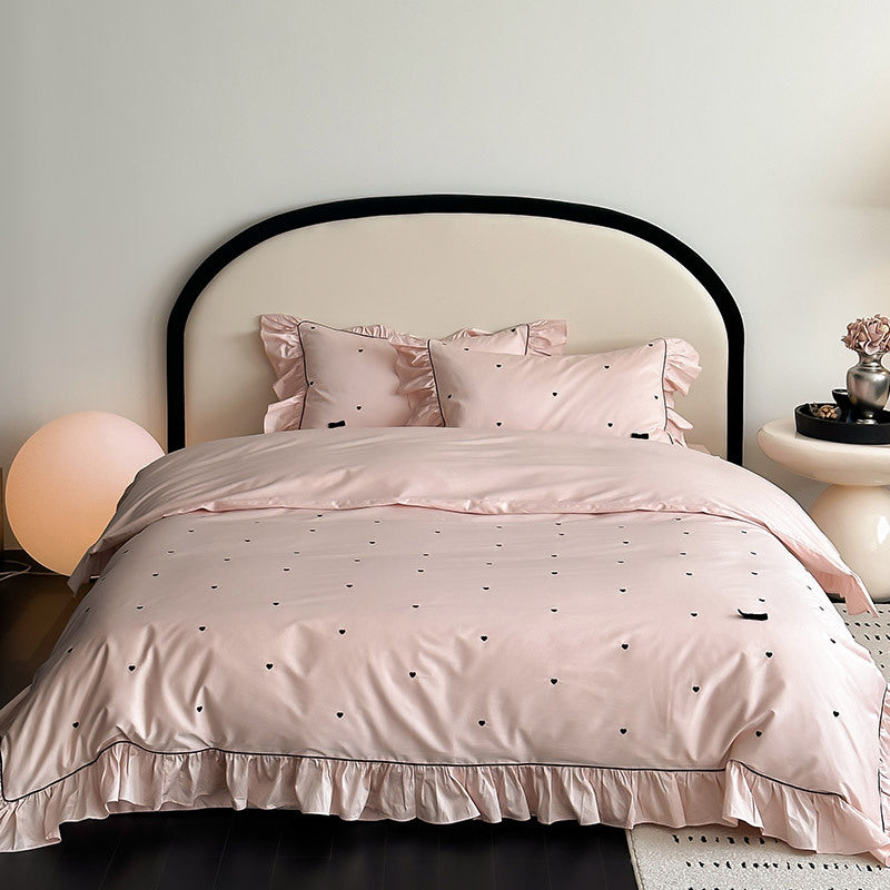 Ruffled Bedding Set with Heart Embroidery – 100s Cotton