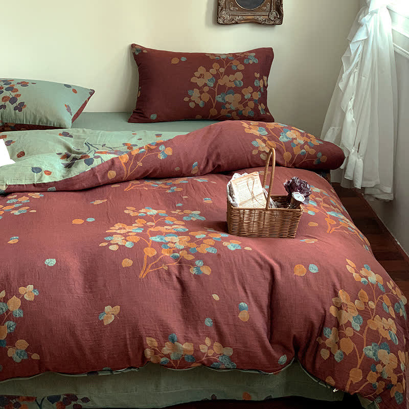 Floral Bedding Set - Lavender Duvet Cover & Flat Sheet (4 PCS) Red