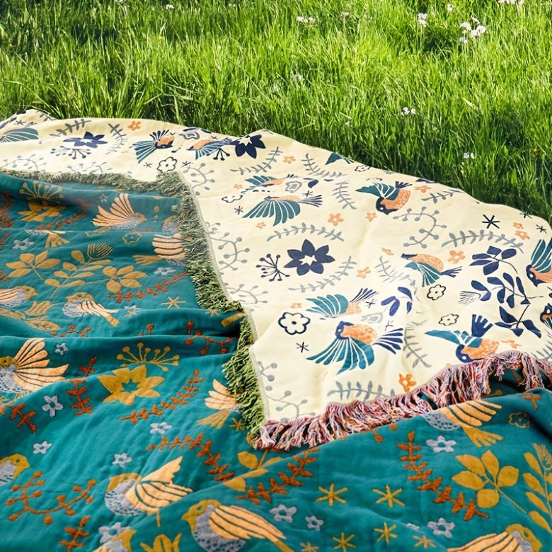 Cotton Throw Blanket - Couch Cover with Reversible Bird Design