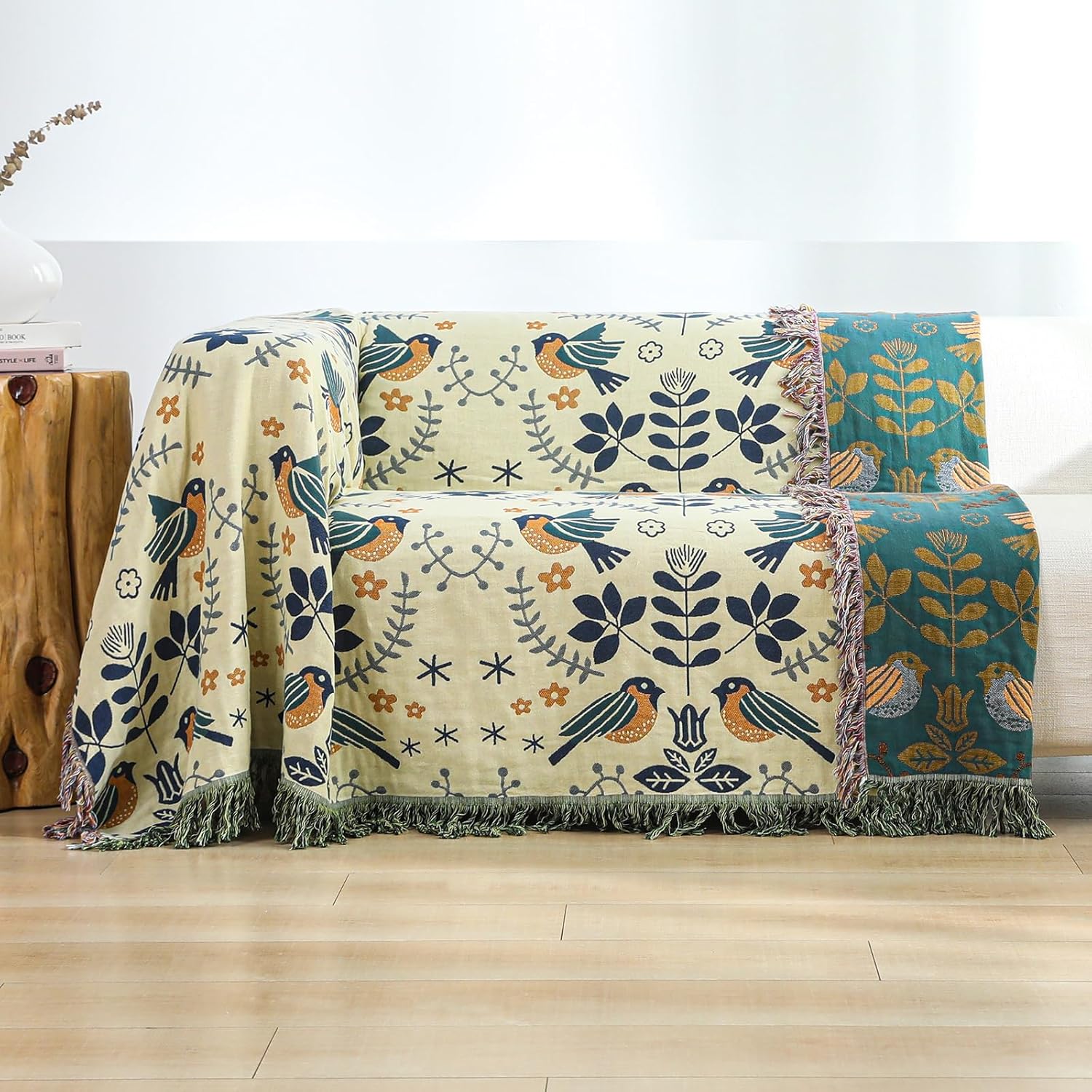 Cotton Throw Blanket - Couch Cover with Reversible Bird Design