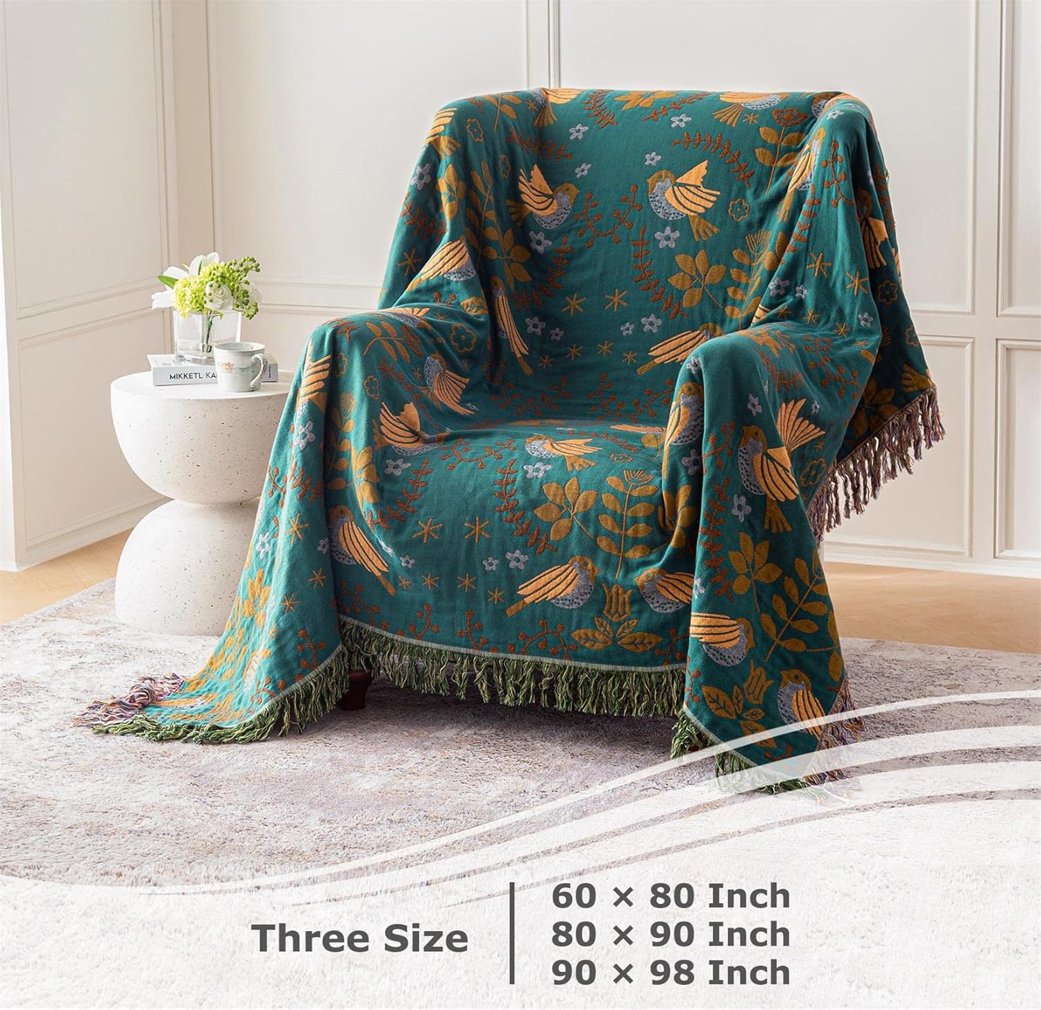 Cotton Throw Blanket - Couch Cover with Reversible Bird Design