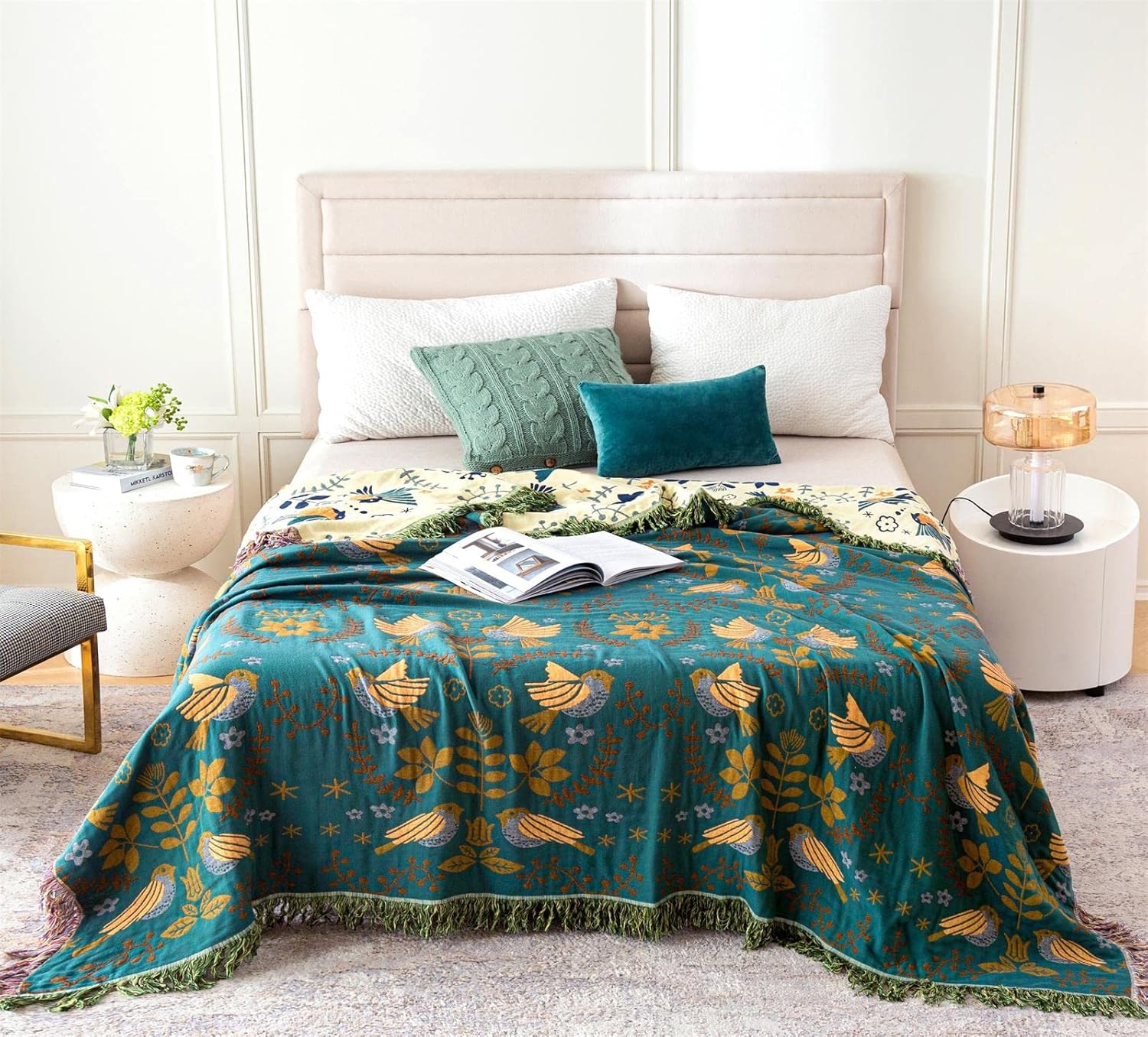 Cotton Throw Blanket - Couch Cover with Reversible Bird Design