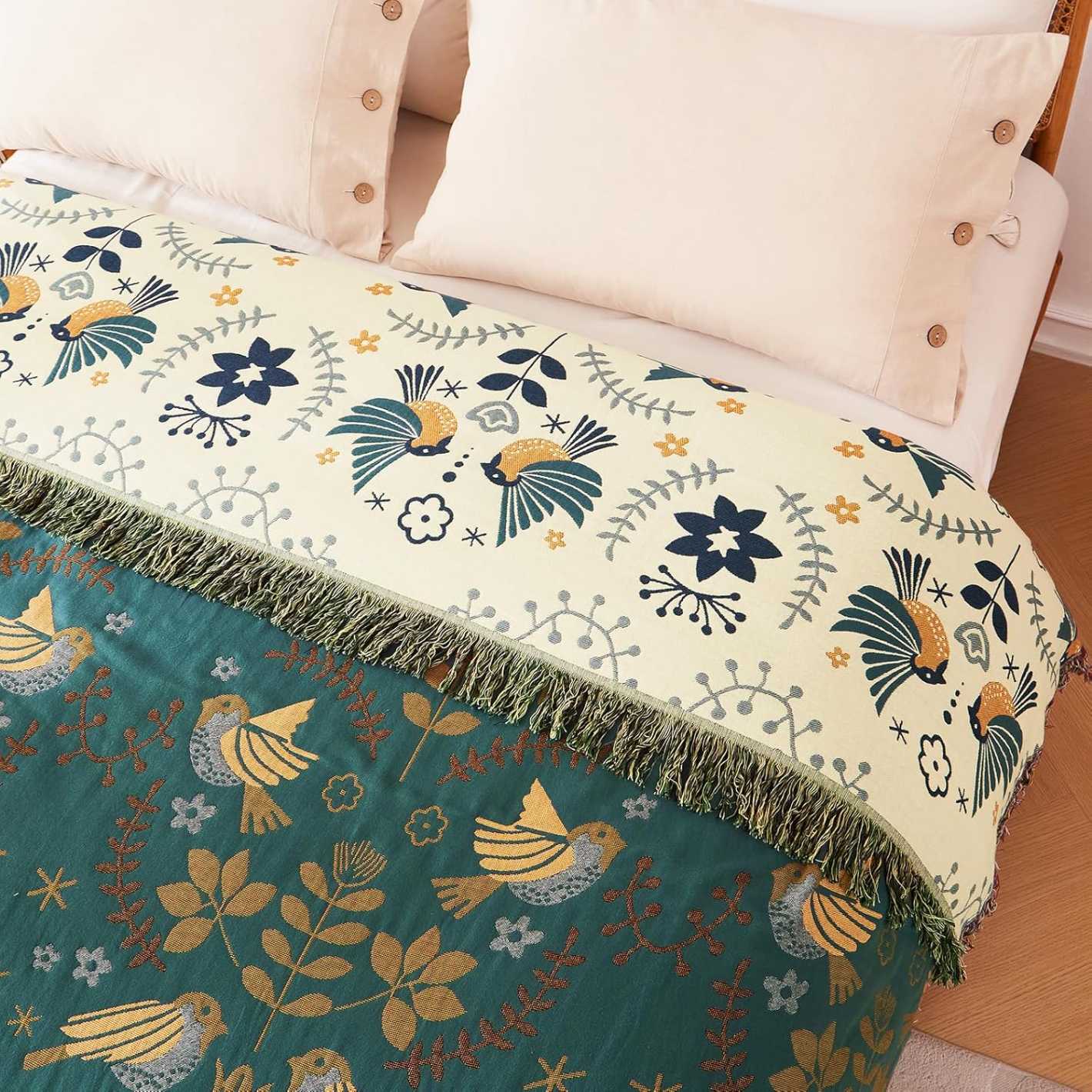 Cotton Throw Blanket - Couch Cover with Reversible Bird Design