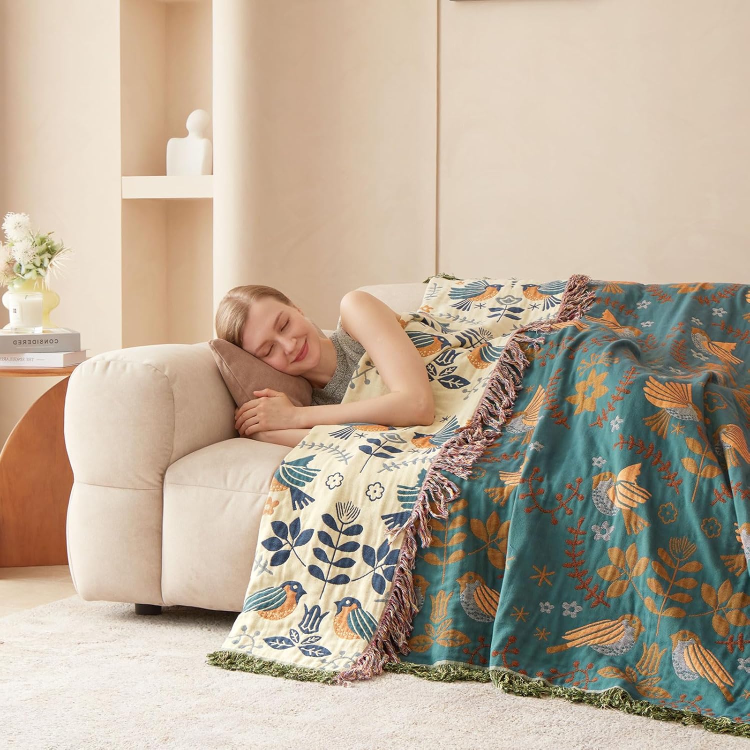 Cotton Throw Blanket - Couch Cover with Reversible Bird Design