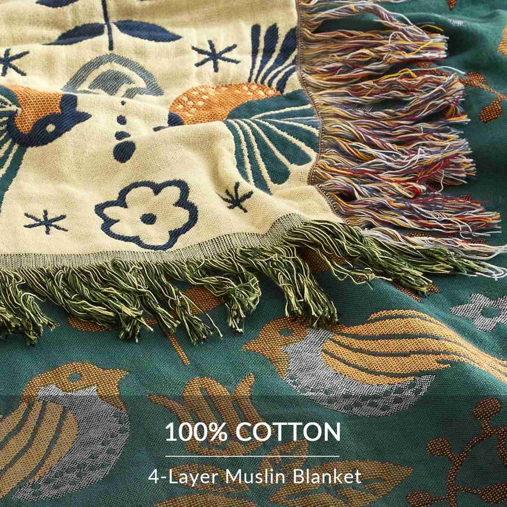 Cotton Throw Blanket - Couch Cover with Reversible Bird Design