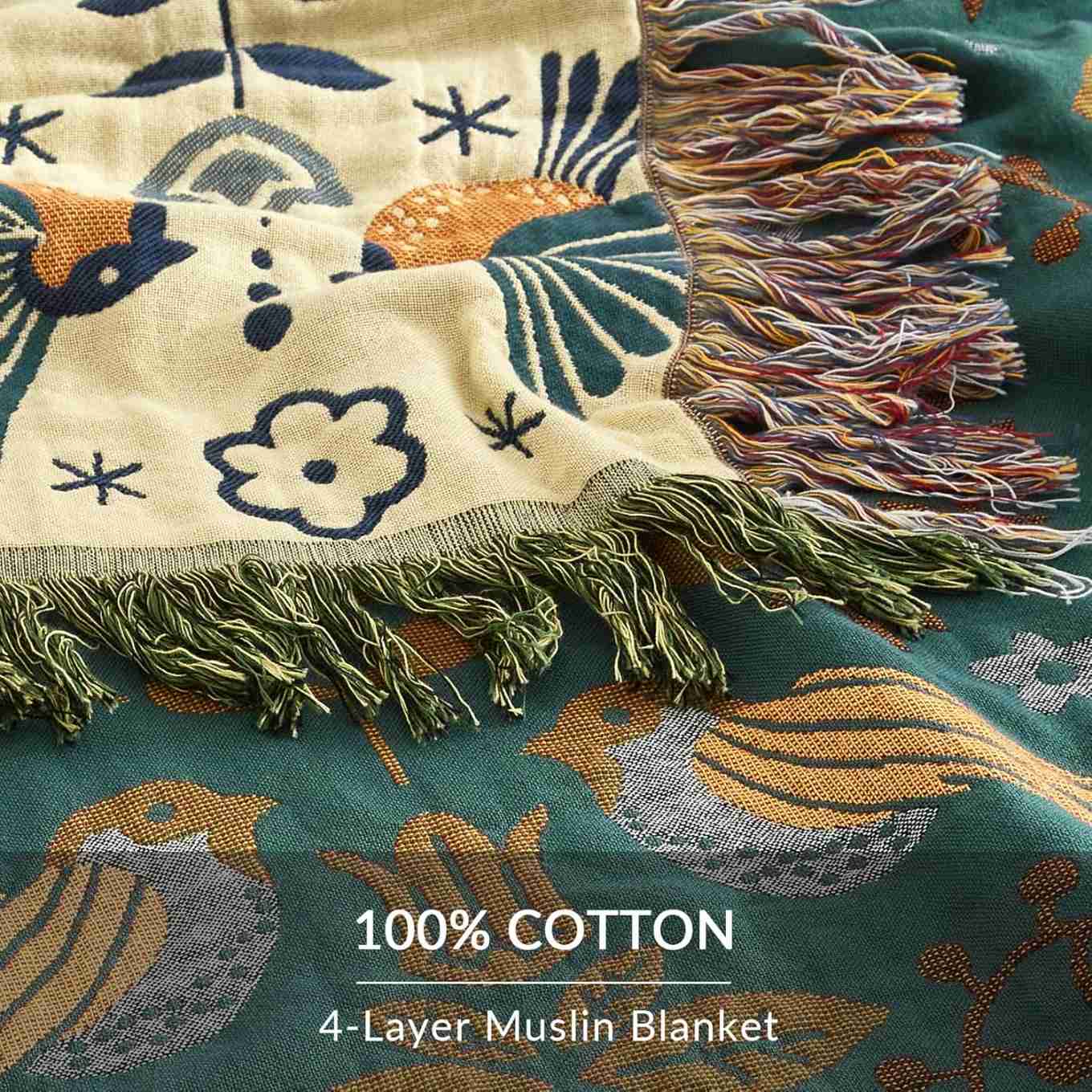 Cotton Throw Blanket - Couch Cover with Reversible Bird Design