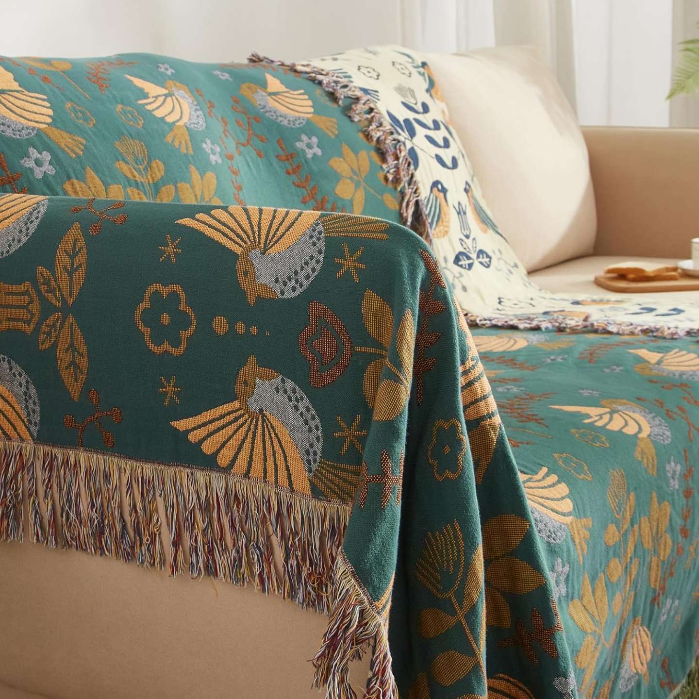 Cotton Throw Blanket - Couch Cover with Reversible Bird Design