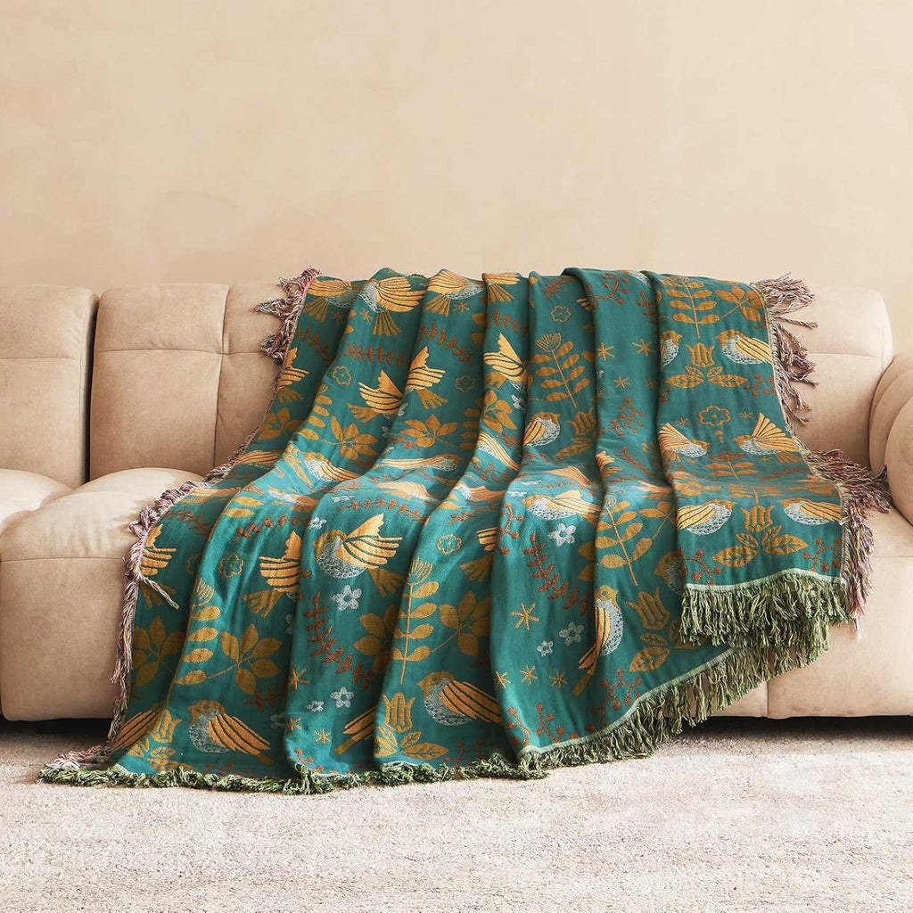 Cotton Throw Blanket - Couch Cover with Reversible Bird Design