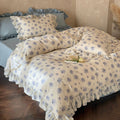 Dusty Blue Floral Bedding — Cotton Muslin Ruffle Trim Set