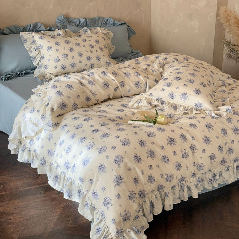 Dusty Blue Floral Bedding — Cotton Muslin Ruffle Trim Set