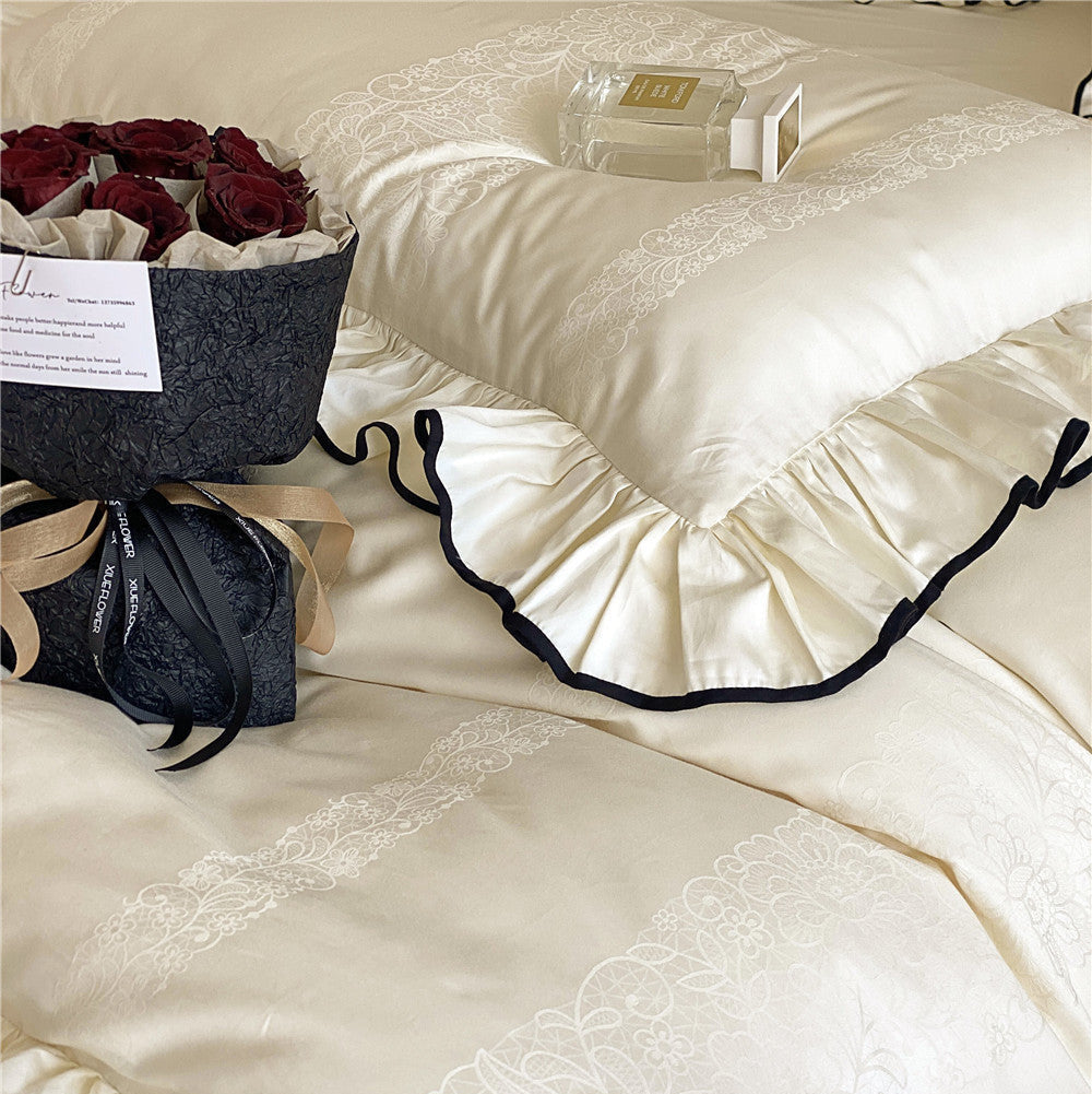 Satin Ruffle Bedding Set – 100s Cotton with Black Trim