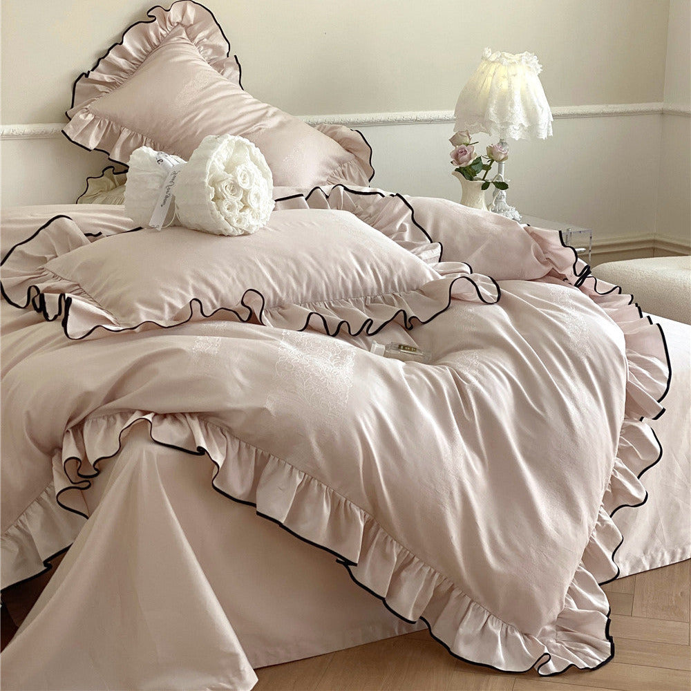 Satin Ruffle Bedding Set – 100s Cotton with Black Trim