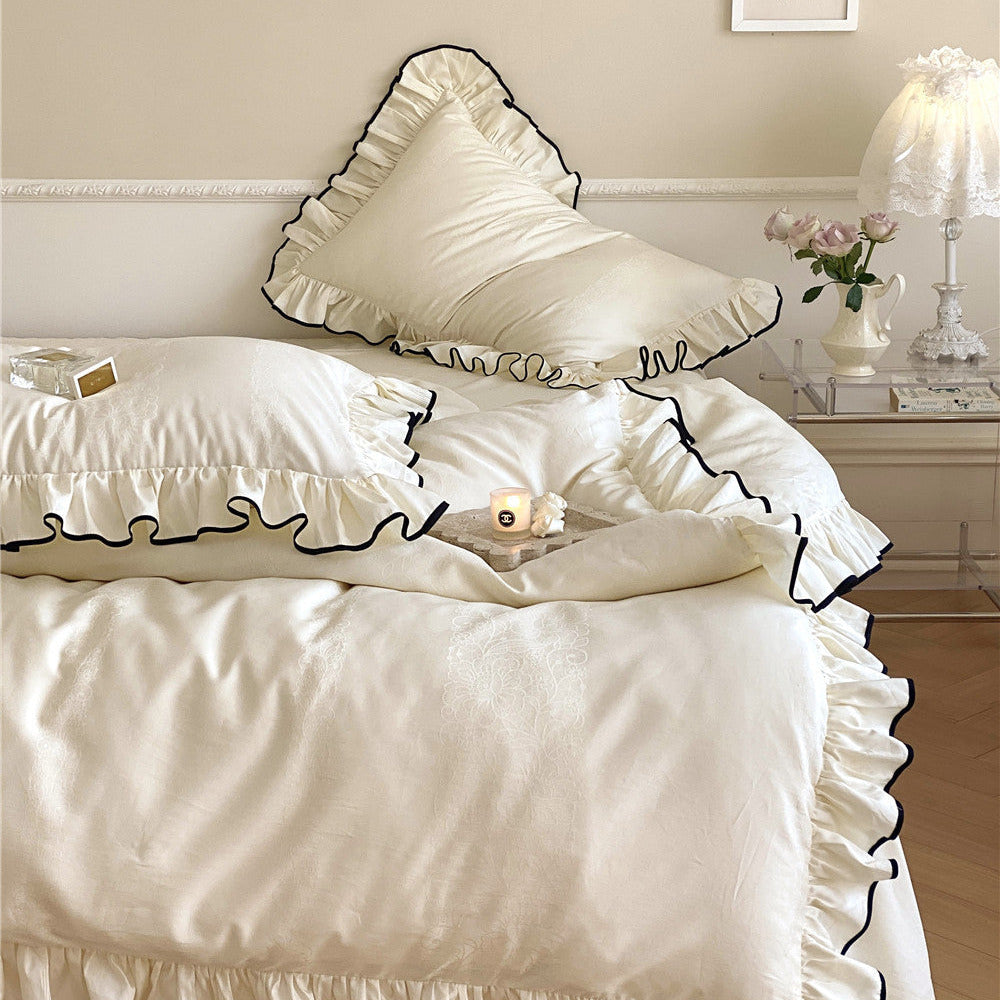 Satin Ruffle Bedding Set – 100s Cotton with Black Trim