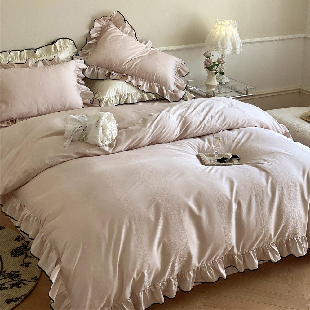 Satin Ruffle Bedding Set – 100s Cotton with Black Trim Blush Pink