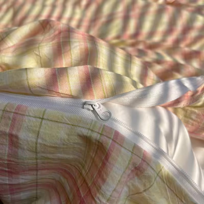 Pink Plaid Cotton Duvet Cover Set