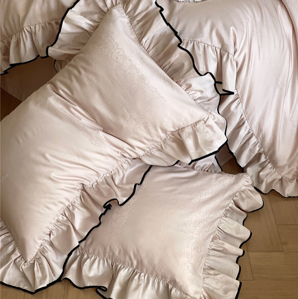 Satin Ruffle Bedding Set – 100s Cotton with Black Trim