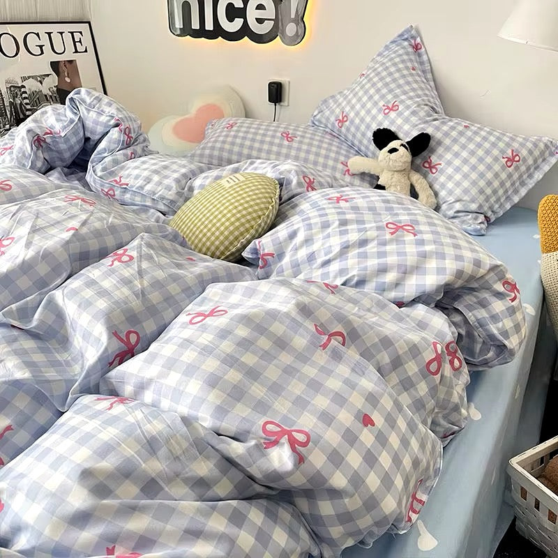 Pink Plaid Bowknot Bedding Set Blue