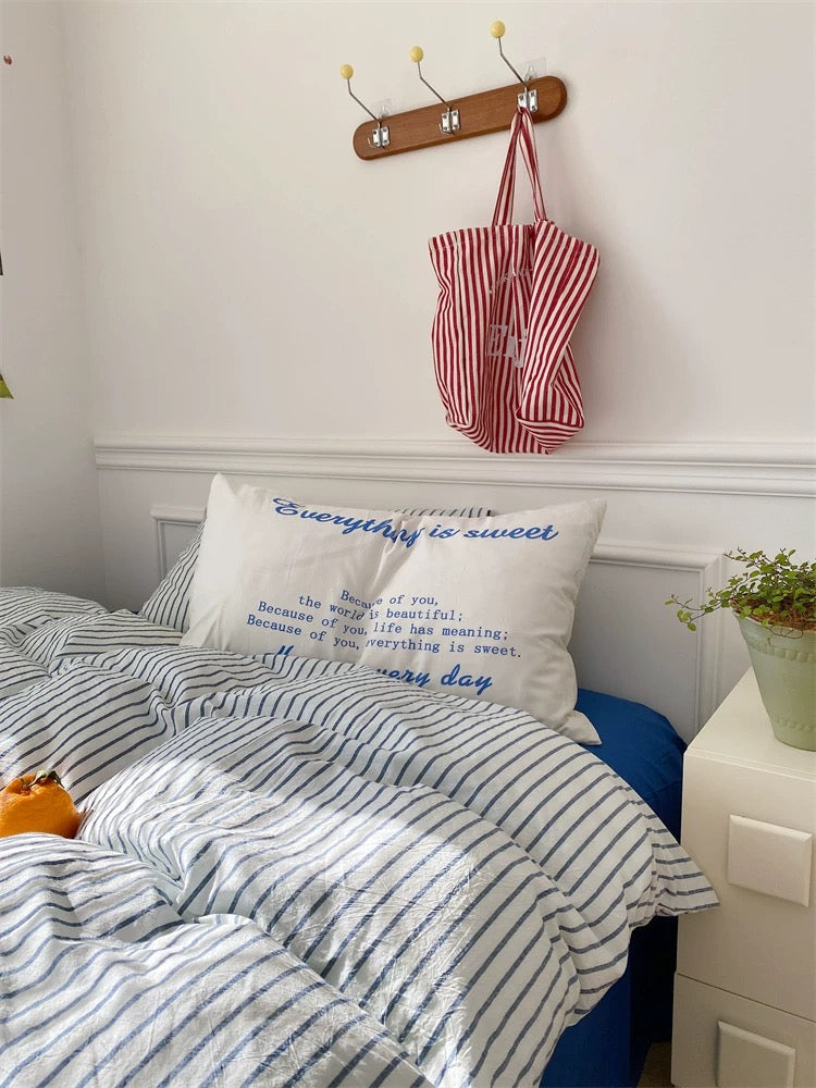 Minimalist Blue Striped Cotton Duvet Cover Set