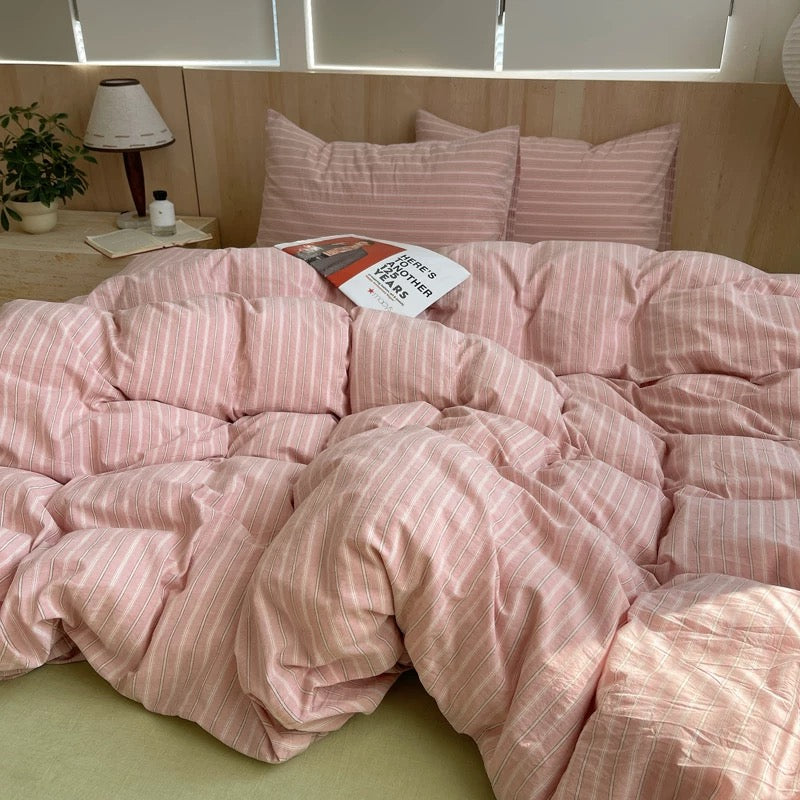 Pastel Pink Striped Cotton Duvet Cover Set